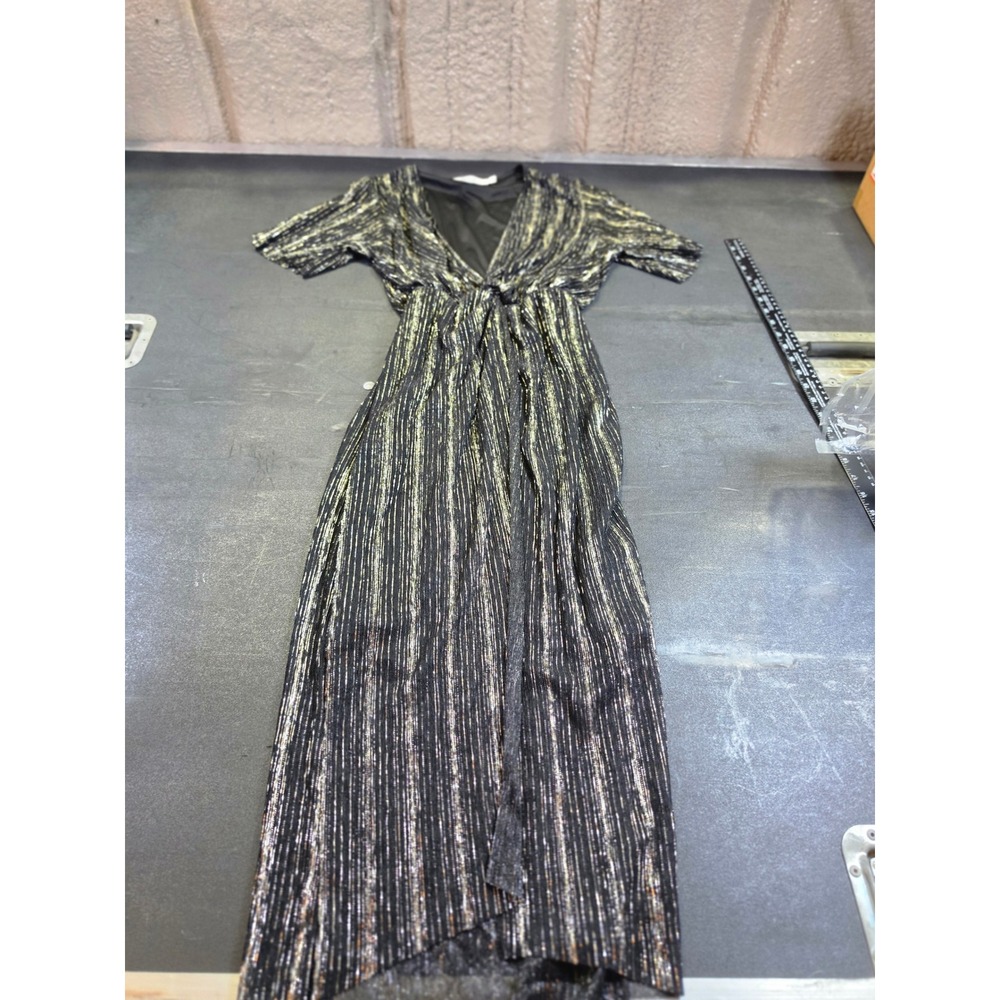 All in Favor Black Gold Metallic Stripe V-Neck Knot Front Dress Mob Wife Small